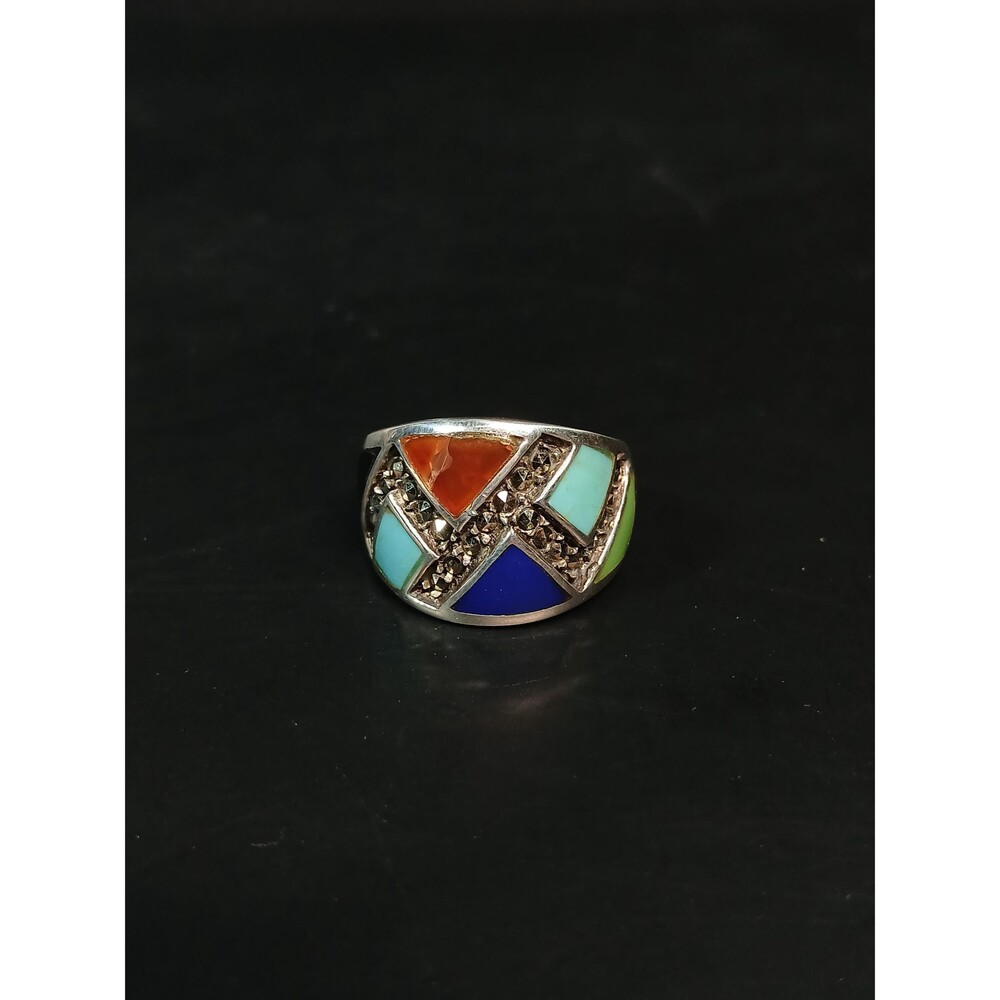 Charles Winston Sterling Silver Multi Stone Inlay Ring Size 7.25